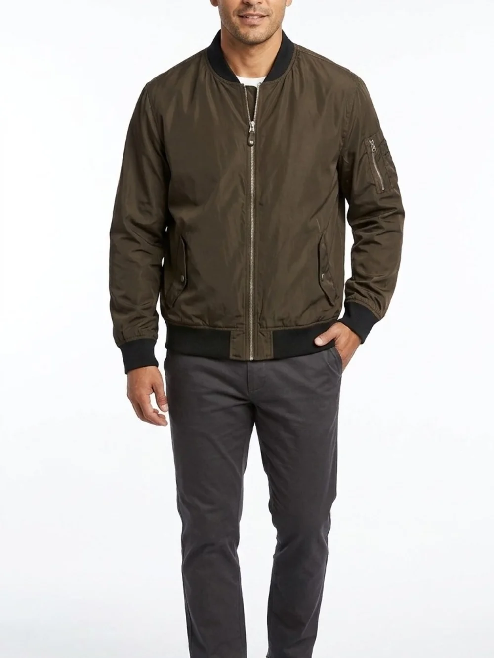 Goodfellow & Co Men's Water Resistant Olive Green Bomber Jacket with Black Trim